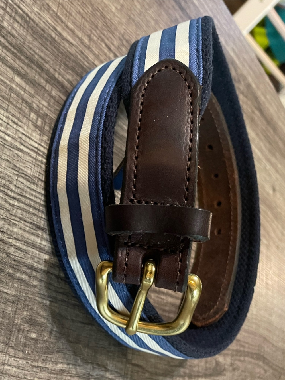Vineyard Vines Navy and White Nautical Striped Belt with Brown Leather Trim